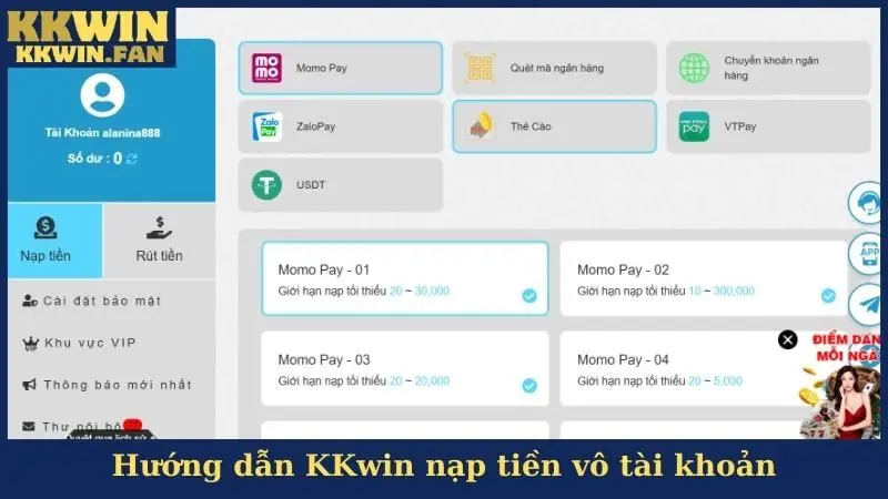 Hướng dẫn KKwin nạp tiền vô tài khoản