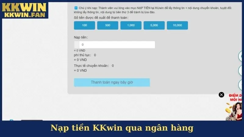 Nạp tiền KKwin qua ngân hàng